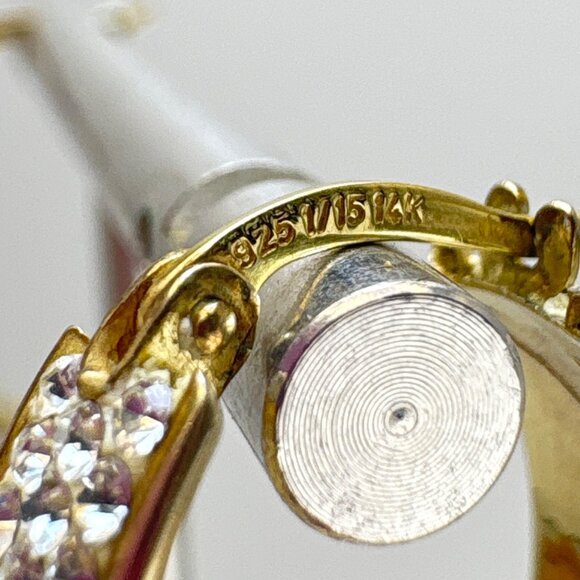 14K & Sterling Silver 925 Cubic Zirconia Elongated Hoop Earrings Size 1" Length - Picture 10 of 13